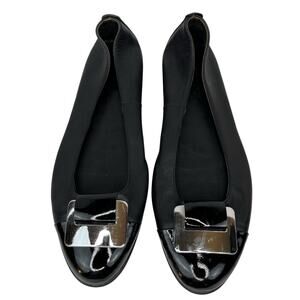 The Flexx Black Leather Ballet Flats Patent Toe Silver Buckle SZ 10 Comfort Chic